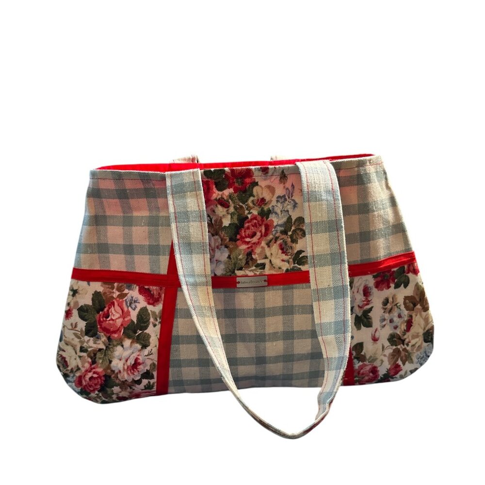 Handmade Color Block Purse Tote Red Blue Flowers Plaid
